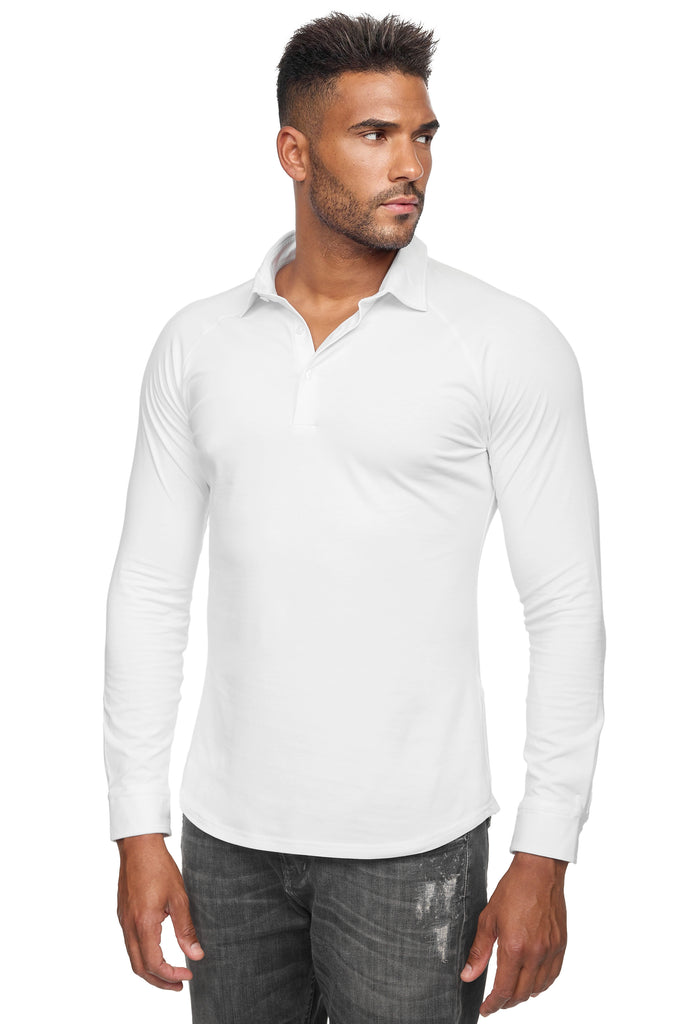 Slim-Fit Jersey Stretch Poloshirt langarm und figurbetont in der Farbe weiß