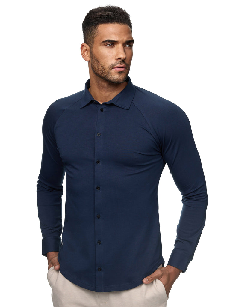 Slim-Fit Jersey Stretch Hemd langarm und figurbetont in der Farbe Navy Blue